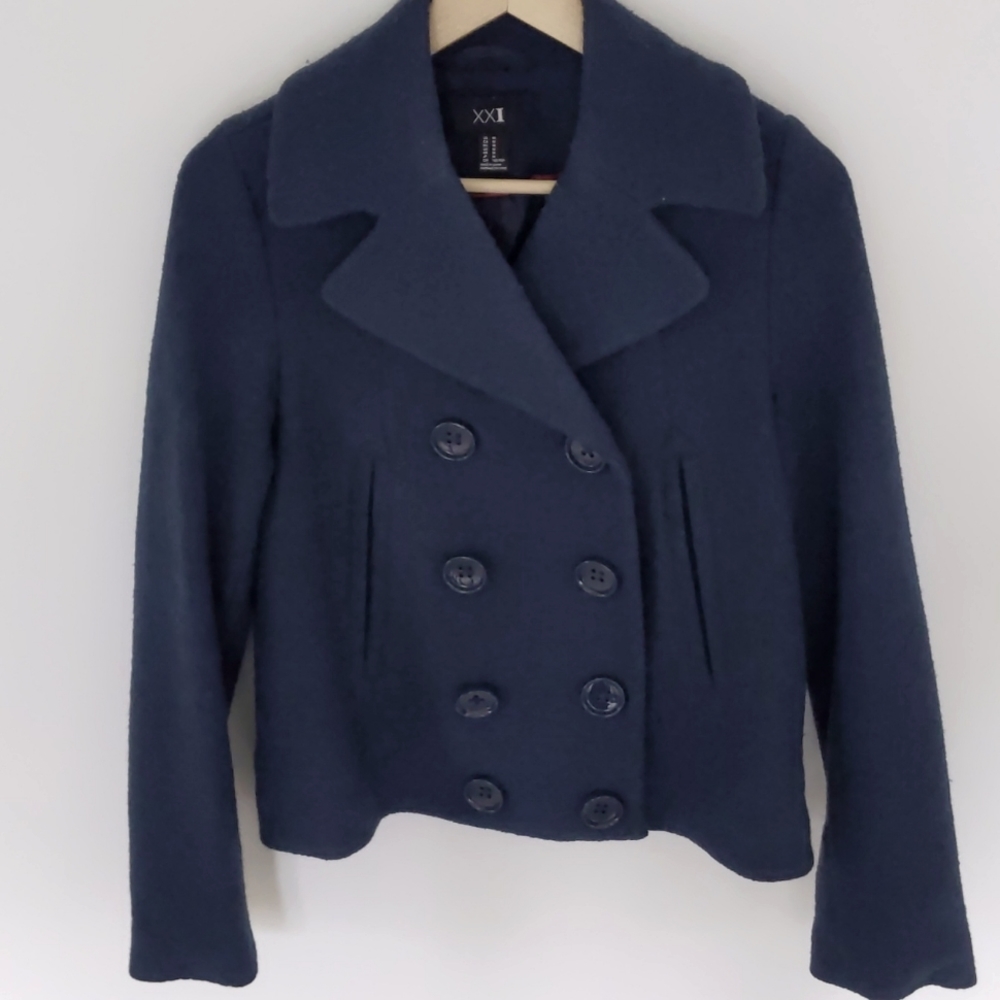Blue Wool Blenld Short Jacket, Dark Blue Color, Double Breasted Style, Size M